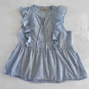 LOFT Blue Striped Ruffle Blouse